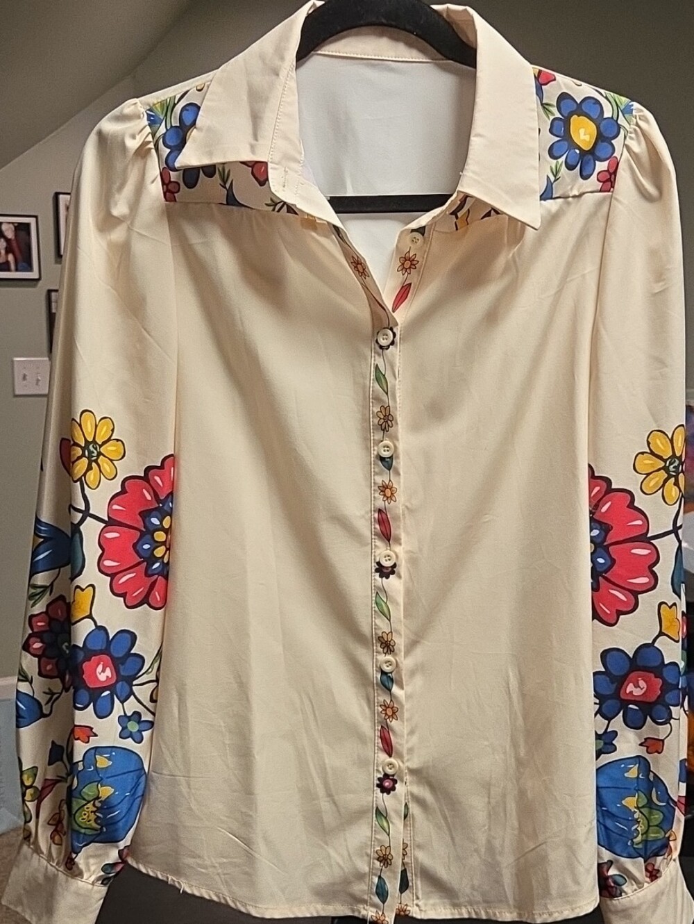 Cream Floral-Accent Button Down Blouse